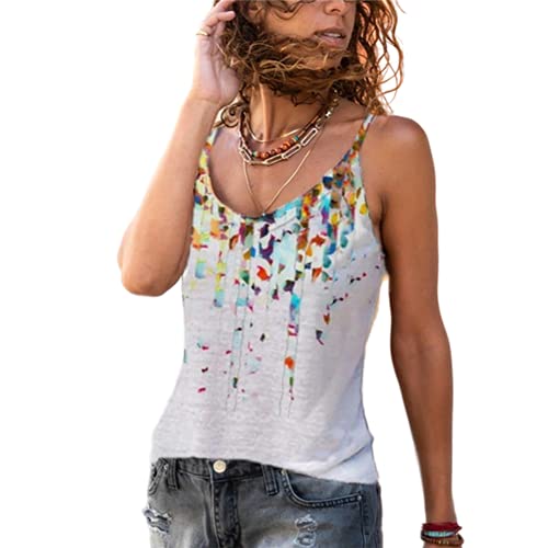 Janepam Womens Camisole Camis Tops Summer Flower Floral Print Boho Ethnic Sleeveless Straps Sling T-Shirt Blouse Tank(A White,2XL)