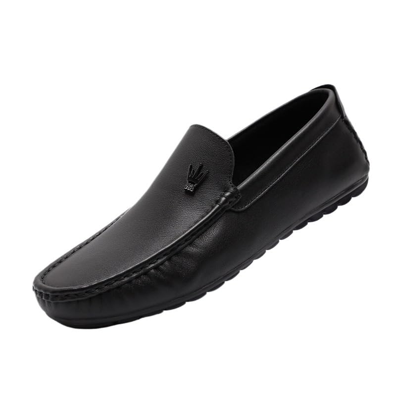 Men's Fashion Slip-On Leather Shoes Mens Genuine Leather Dress Shoes Flat Boat Shoes Mens Commuter Slip-Resistant Lightweight Breathable Easy to Walk