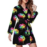 Women Kimono Bathrobe Lgbt Gay Homosexual Lesbian Rainbow Lips Pride Art Belted Short Robes Bridesmaids Sleepwear V-neck Valentines Bath Robe