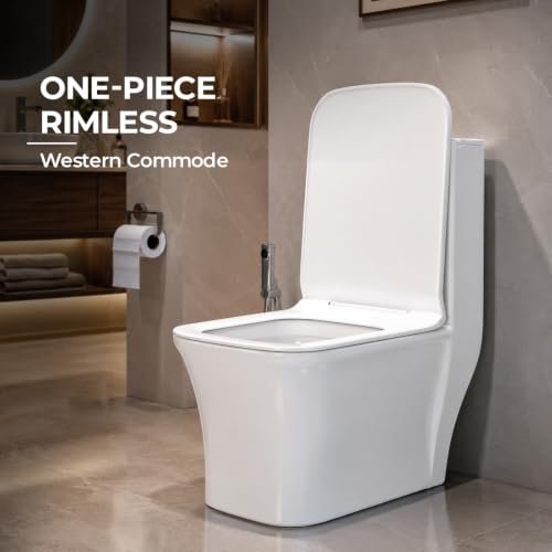 Image of KrissKross Siphonic Flush Western Commode, One Piece Floor Mounted Toilet with S-Trap | Rimless Ceramic WC with Soft Close Seat Cover | Powerful Flush Commode for Bathroom