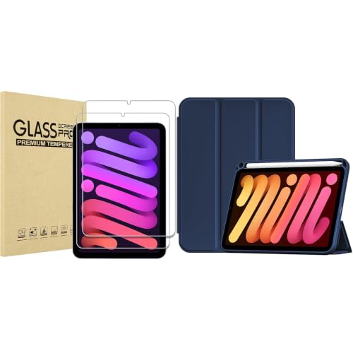 ProCase 2 Pack Screen Protector and Navy Smart Case Bundle for iPad Mini 7 A17 Pro/Mini 6 8.3 Inch (2024/2021), 9H Tempered Glass Film, Pencil Holder, Hard Back Cover, Slim Protective Case