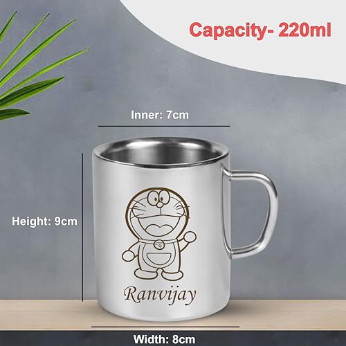 Image of SAVRI Personalized Stainless Steel Mug for Kids with Customized Name Engraved & Cartoon Design | 220 ml Double Wall Insulated Mug for School, Milk, Juice & Water (Doremon)