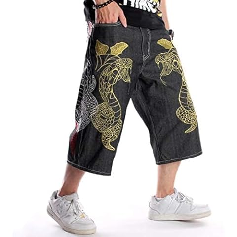 EnllerviiD Baggy Jorts for Men Loose Denim Shorts Embroidered Jeans Shorts Summer Vintage 90S Skateboard Jogging Dance Shorts Black (019-1-30) Cover
