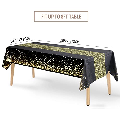 Fecedy 6 Packs 54 Inches X108 Inches Gold Wave Point Black Disposable Plastic Table Cover Waterproof Tablecloths For Rectangle Tables Up To 8 Ft In Length Party Decorations #TOP1