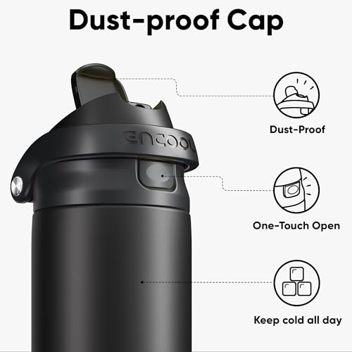 Image of ENCOOL Leakproof Insulated Water Bottle with Straw Dual-Sip Water Bottle Bag-Safe Design for Work, Commute & Gym - Keeps Drinks Cold All Day, 32 oz, Jet Black