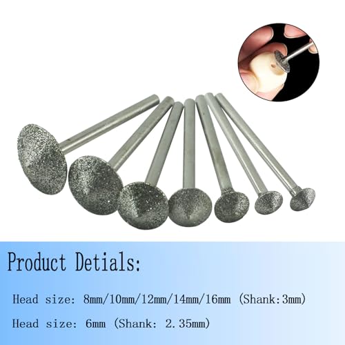 Luo ke 7 Pcs Umbralle Shape Diamond Burr Set, 1/8'' Shank Coarse Grit Diamond Mounted Grinding Point Stone Carving Bits for Rotary Tools includes Dremel (80#)
