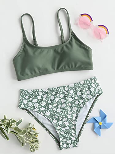 Romwe Girl's 2 Piece Swimsuit Sport Solid High Waist Bikini Set Bathing Suit Flower Green 150 #TOP2