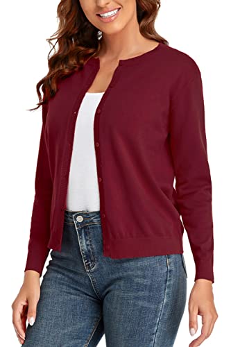 Image of CUNYI Women's Crew Neck Cardigan Long Sleeve Sweater for Women Button Down Soft Knit Ladies Cardigan Sweates Coat, Wine Red S