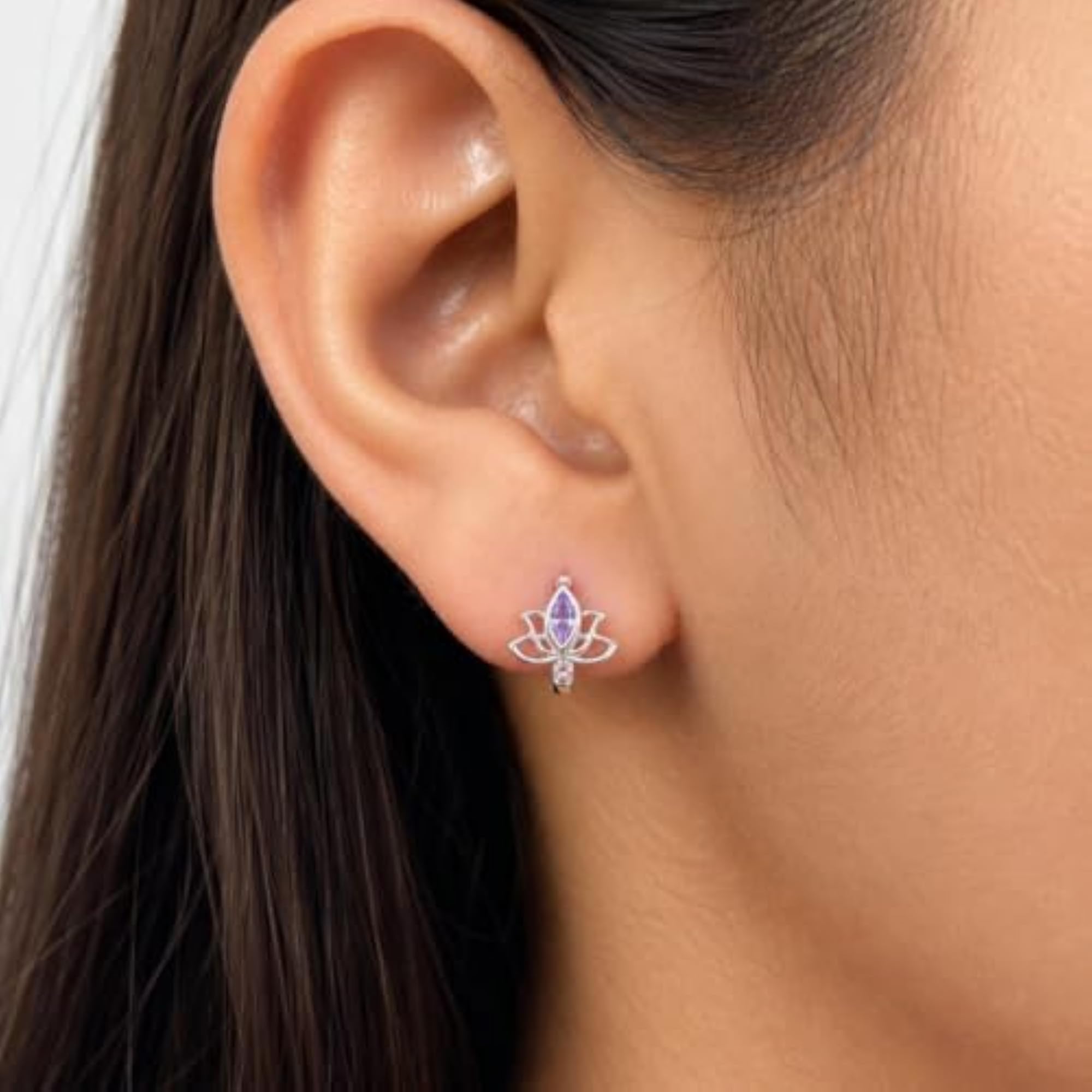 Women's 925 Sterling Silver Lotus Purple CZ Hoop Earrings