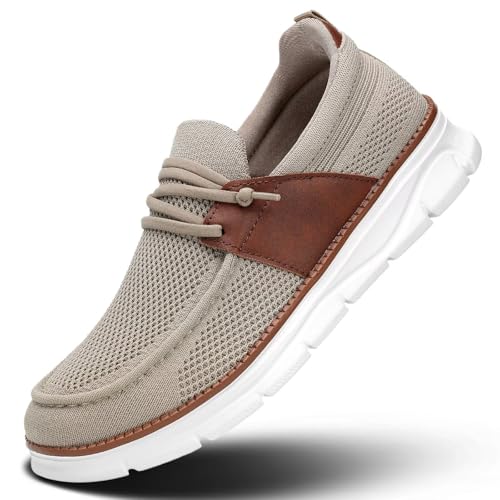 Image of Mens Casual Slip in Boat Shoes Fashion Lightweight Slip On Loafers Walking Beach Sneakers Work Mesh Oxfords Soft Sole Khaki