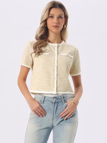 Image of Allegra K Short Sleeve Tweed Jacket for Women Summer Crew Neck Button Front Cropped Cardigan