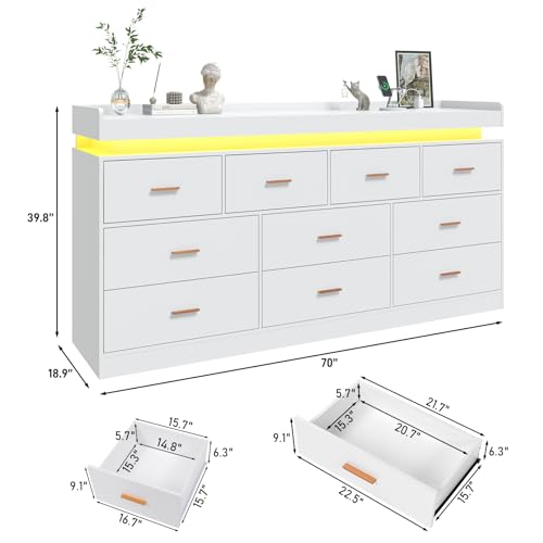 Image of jiteentarou 10 Drawer Dresser with Charging Station and LED Lights, Modern Chest of Drawers with Power Outlet, Organizer Cabinet for, Living Room, Entryway, White