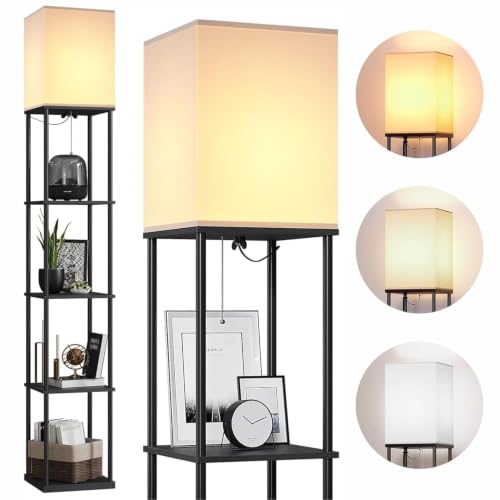 Image of 5 Tier Metal Floor Lamp with Wooden Shelves /Modern Standing lamp with 3 Adjustable Color Mode /Corner Bright Lamp for Decoration /Energy Efficient Night Lamp for Bedroom /Living Room /Home Decor