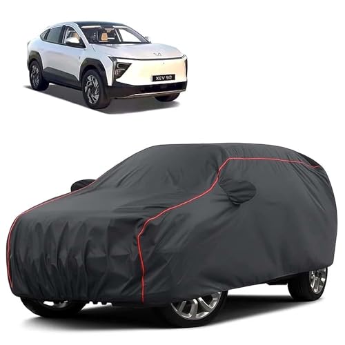 Image of Sulfar 100% Water Resistant Car Body Cover Compatible with Mirror for Mahindra XEV 9e (Triple Stitched, Full Bottom Elastic, Dark Grey Tafetta with Red Piping)
