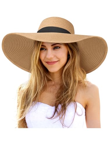 Senker Fashion Sun Hats for Women Oversize Wide Brim Straw Beach Hat Floppy Foldable Roll-Up Summer Vacation UPF 50+