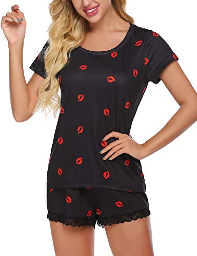 ADOME Damen Schlafanzug Kurzarm Pyjama Set Top und Shorts Nachtwäsche Zweiteilig Sleepwear Sommer Hausanzug Schwarz S Cover