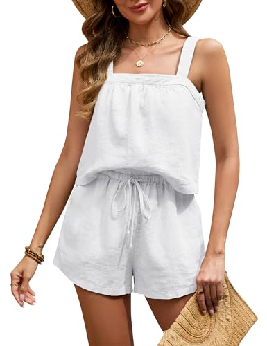 FIOPHY 100% Linen Sets for Women 2 Piece Lounge Outfits Set Square Neck Crop Tank Tops High Waisted Shorts with Pocket White S