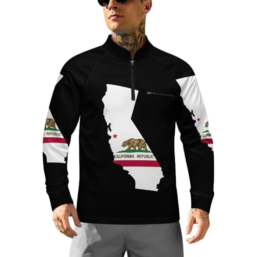 State Map Outline of California Flag Men's Rash Guard Long Sleeves Quick Dry Fishing Workout Shirts with Zipper