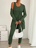 Elegante conjunto de descanso de 3 piezas para mujer, con pantalones largos, camiseta sin mangas y ropa de abrigo para otoño e invierno, Greener, M