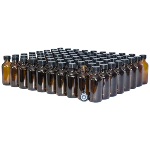 GlassBottleOutlet (80 Pack) 2 oz. Amber Boston Round with Black Poly Cone Cap