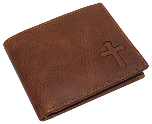 MARSHAL Real Genuine Leather RFID Blocking Wallets Mens Wallet Bifold Classic Engraved Logos (Cross)