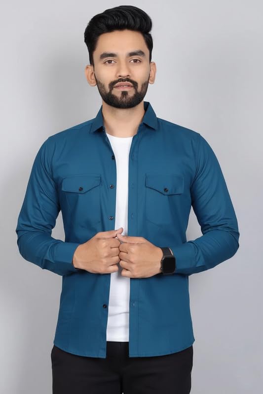 Image of DEELMO Men Solid Slim Fit Casual Overshirt Style Shirt | Full Sleeve Button-Down Layering Shirt Smart Casual Look