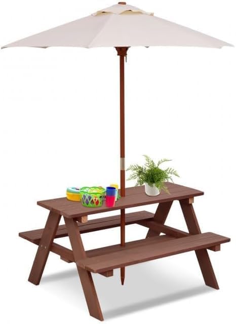 4-Seat Kid s Picnic Table Set w/Removable Waterproof Umbrella, Durable Fir Wood, Non-Toxic Finish for Backyard