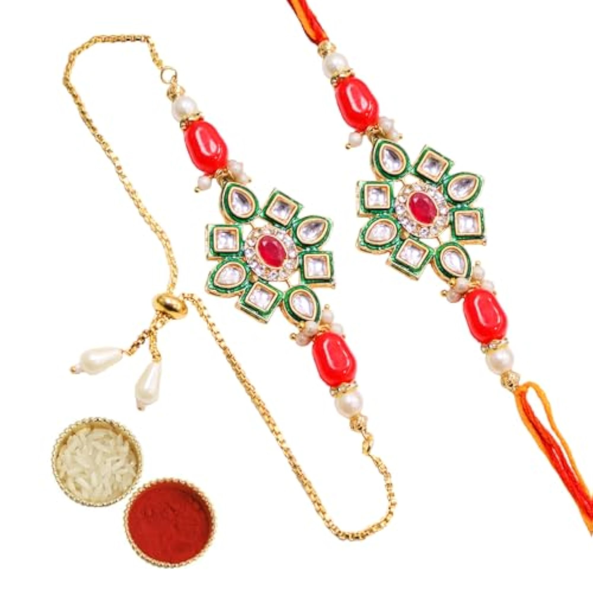 Designer Kundan Pearl Couple Rakhis Set of 2