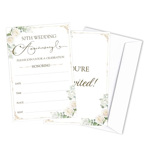 Zcsni 50th Anniversary Invitations Cards, Floral Theme Anniversary Invitations, 50th Anniversary Theme Decorations, Anniversary Party Supplies Decorations, 25 Cards With 25 Envelopes -A01