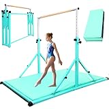 PreGymnastic Foldable Gymnastics Bar, 5.6FT Folding Horizontal Bars for Kids Ages 3-12, Weight Limit 350 LB, Adjustable kip Bar,Children Home Gym Equipment Indoor(Foldable Bar with Mat, Teal-Mat)