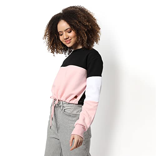 Image of Campus Sutra Women Pink & Black Cinched Waist Regular Fit Sweatshirt for Winter Wear | Round Neck | Full Sleeves | Cotton Sweatshirt | Casual Sweatshirt for Woman | Stylish Sweatshirt for Womens