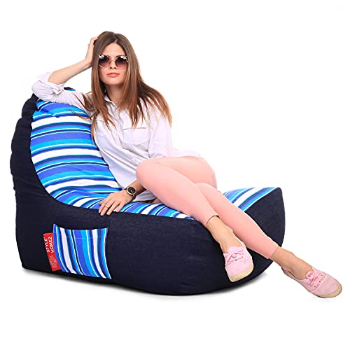 Image of Style Homez Urban Design Denim Canvas Stripes Printed Chair Bean Bag XXL Size Filled with Beans Fillers