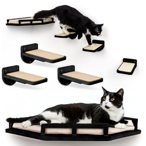 INICIO Cat Wall Shelves - Modern and Durable 3 Step Cat Furniture for Wall - Stylish Birch Floating Shelf for Cats up to 15lbs - Wooden Corner Shelves with Cushioned Perch - Black