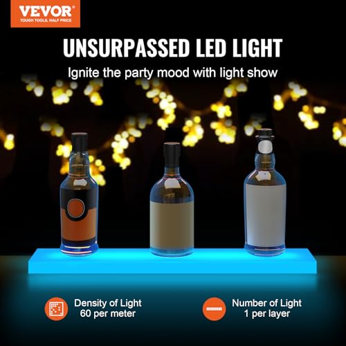 Image of VEVOR LED Lighted Liquor Bottle Display, 1 Tiers 16 Inches, Supports USB, Illuminated Home Bar Shelf with RF Remote & App Control 7 Static Colors 1-4 H Timing, Acrylic Lighted Shelf for 6 Bottles
