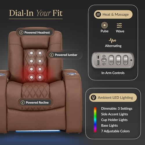 Image of Seatcraft Virtuoso LT Tobacco Italian Leather Home Theater Seating, Zero Gravity Power Recliner, Powered Headrest and Lumbar Gaming and Home Office Chair, Heat and Massage Lounge Sofa, Single Recliner