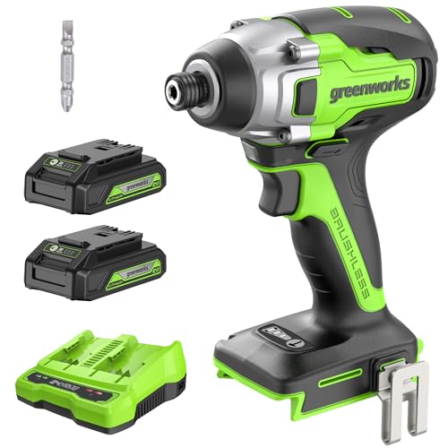 Greenworks 24V Brushless Cordless Impact Driver Kit, 2650 in./lbs Torque 1/4-inch Hex, Variable Speed Impact Drill/Driver Set, Included (2) USB (Power Bank) Batteries and Dual Port Charger, Bits Greenworks 24V Brushless Cordless Impact Driver Kit, 2650 in./lbs Torque 1/4-inch Hex, Variable Speed Impact Drill/Driver Set, Included (2) USB (Power Bank) Batteries and Dual Port Charger, Bits