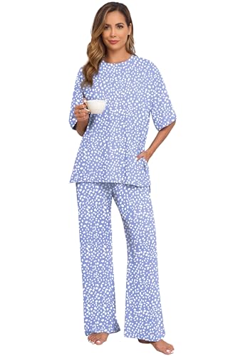 Image of PrinStory Womens Pajamas Sets 2 Piece Lounge Set Short Sleeve Tops and Long Pants Soft Pjs Loungewear with Pockets
