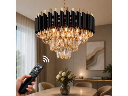 Image of Modern Black & Gold Crystal Moving Chandelier, 300mm (30 Cm. (11.8 Inch) Round LED Pendant Light with Remote Control, Multicolour changing ,Luxury Contemporary Ceiling Light Fixture For decoration A