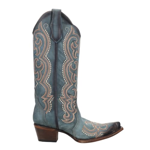 Corral Boots Womens Blue Jean Embroidered Snip Toe Casual Boots Mid Calf Mid Heel 2-3