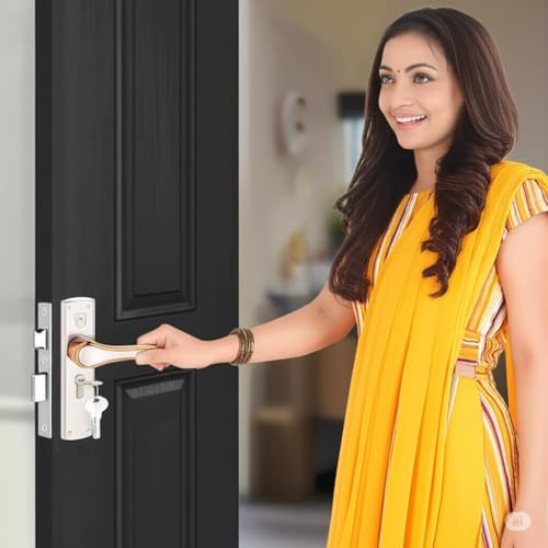 Image of SS /Rose Gold Finish Mortise Door Lock Handle Set | 8 inch Zinc lockset 1006 | KY 6-Lever 65mm Lock Mechanism | Suitable for Left & Right Handed Living Room Doors, Bedroom Door,Main Door