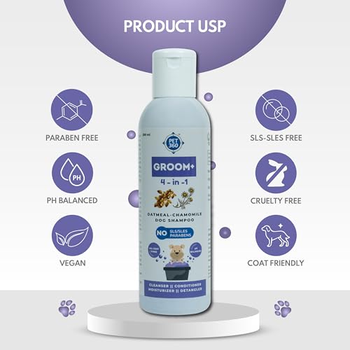 Image of PET360 Groom+ 4-in-1 Oatmeal Chamomile Dog Shampoo for All Coat Type|Cleanse, Detangle & Moisturize for Smooth & Itch-Free Hair with Aloevera|Sulphate & Parabens Free-200 Milliliter