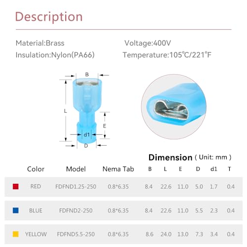 Meowlian FM-BLUE-160 160Pcs 16-14 Awg Female Nylon Spade Connector Blue Electrical Quick Disconnect Wire Connectors Kit thumb #2