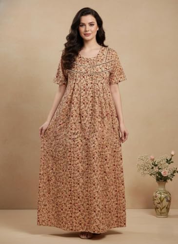 Image of Bahumaan Cotton Nighty for Women Full Length Stylish | Floral Print Pure Cotton Maxi Dress for Women with Pocket | Sleepwear Gown for Women