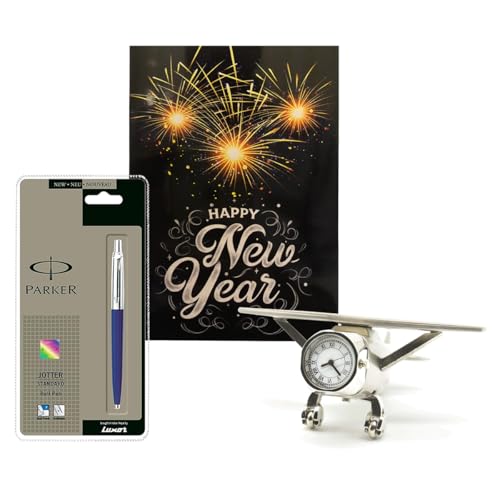 Image of Saugat Traders New Year Gift for Client - Airplane Table Clock Showpiece, Branded Pen and Greeting Card - Corporate Gift