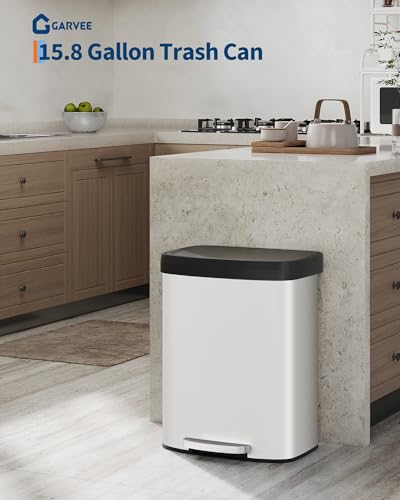 Image of Garvee 16 gal / 60 L Metal Trash Can with Lid, Large Garbage Can for Kitchen, Rustproof Step-on Kitchen Metal Trash Bin with Liner Rim, Rear Handle, Soft Close Plastic Lid, White