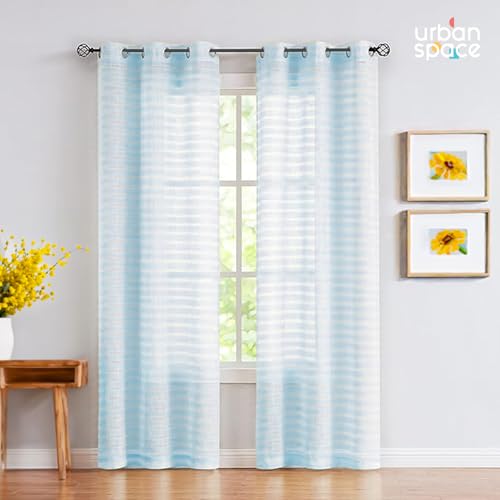 Image of Urban Space Aari Collection Weaved Sheer Curtains for Door 7 Ft Long, 40-50% Light Filtering Textured Curtains with Eyelets and Tieback, Set of 2 Decorative Curtains (Weaves SkyBlue, Door- 7 Ft)