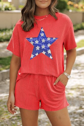 Image of Womens Pajama Sets 2 Piece Pjs Sleepwear Soft Comfy Short Sleeve Tops and Shorts Lounge Set Loungewear Outfit