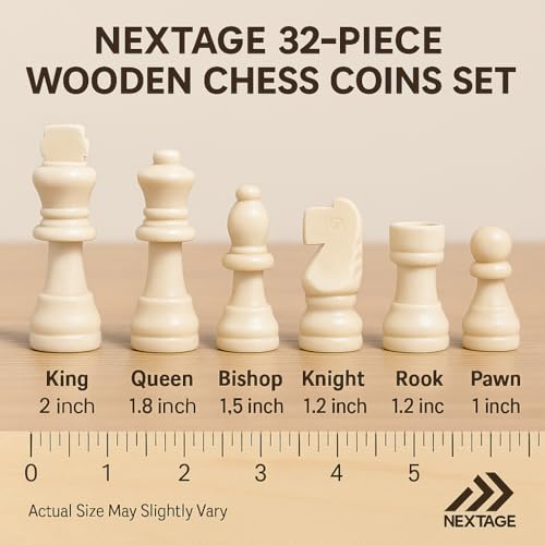 Image of Nextage 32-Piece Wooden Chess Coins Set | Classic Imported Wooden Goti for Chess Board | 5.8 cm King Size | Lightweight Durable Chess Accessories for Kids & Adults