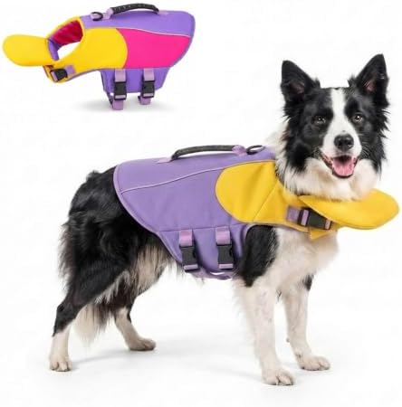 Dog Life Jacket with Chin Float, Adjustable Dog Life Vest with Rescue Handle (Purple,X-Large)