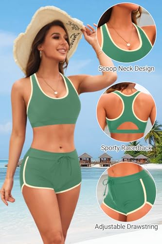 Image of Women Two Piece Sporty Bikini Set Athletic Swimsuits with Boy Shorts Bottom